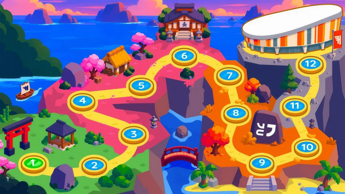 De routekaart van de EK Judo module: een eiland met twaalf levels langs een goudkleurig pad, van de groene kust naar de arena