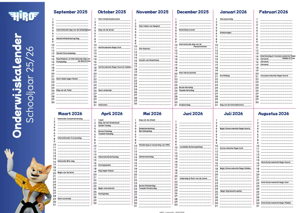 Voorkant van het document HiRO Onderwijskalender schooljaar 25/26